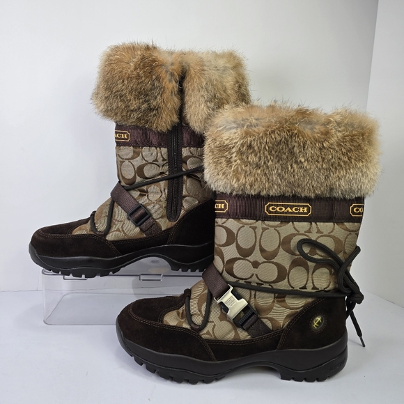 COACH Signature Women’s Sahara Monogram Canvas Suede Fur Vibram Snow Boots Sz 9 - Picture 4 of 14